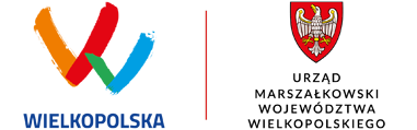 Logo: dwie kolorowe litery V tworzą literę W, poniżej napis Wielkopolska. Herb: biały orzeł na czerwonej tarczy herbowej, obok napis Urząd Marszałkowski Województwa Wielkopolskiego